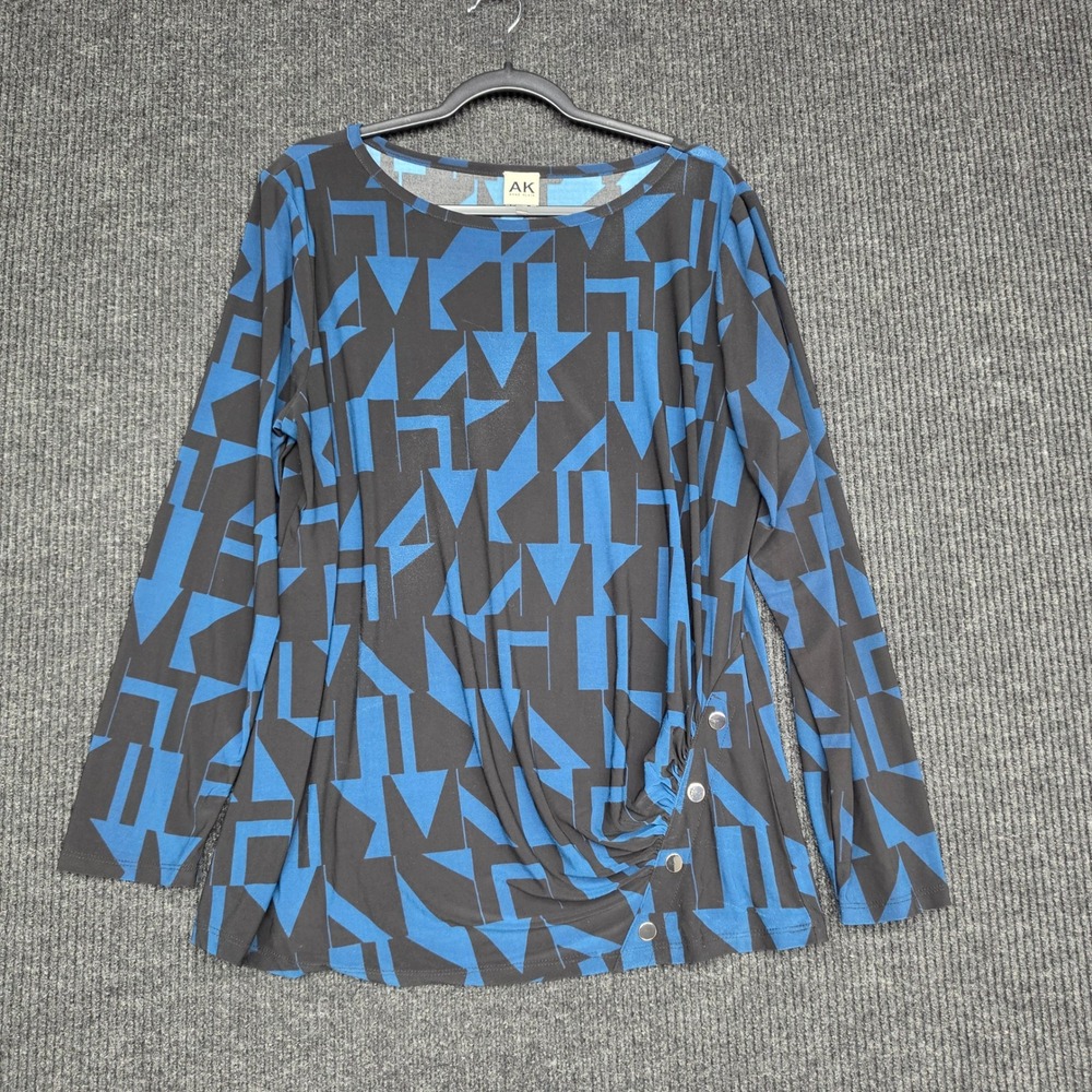 Anne Klein Blue Black Geometric Abstract Print Button Side Draped Top XL